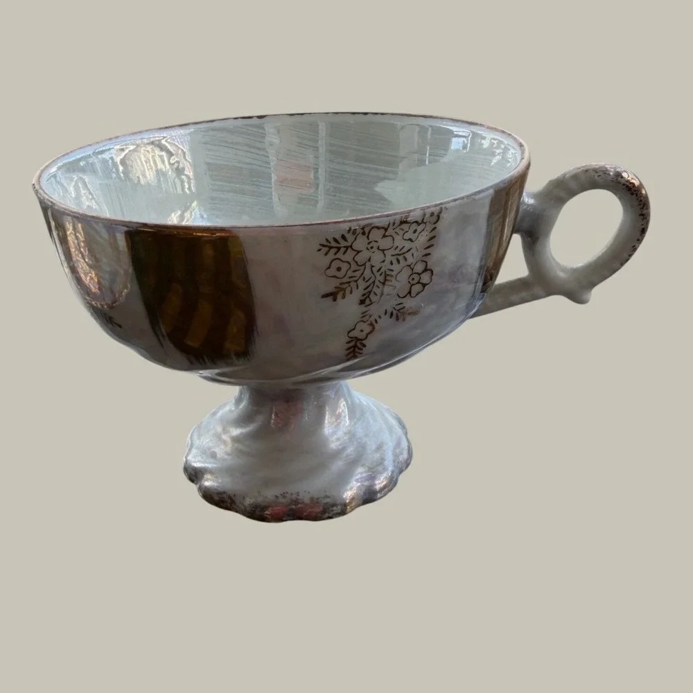 Vintage Iridescent Lusterware Footed Teacup and Pierced Reticulated Saucer Set
